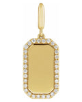 A gold rectangular pendant charm with a smooth blank center and a border of small clear stones, shown on a plain white background.