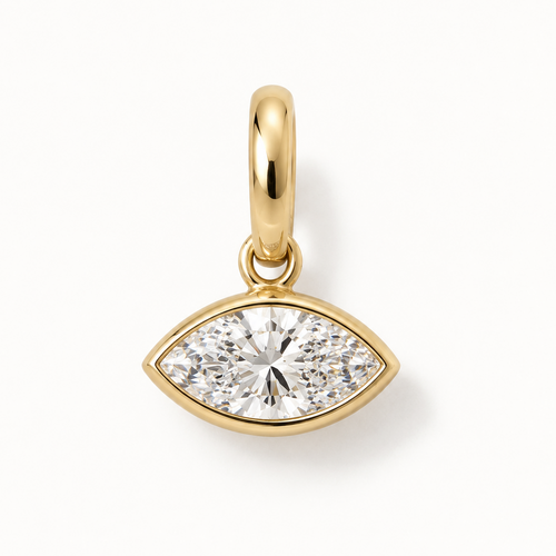 A gold marquise cut pendant charm featuring a marquise-cut clear Diamond, shown on a clean white background.