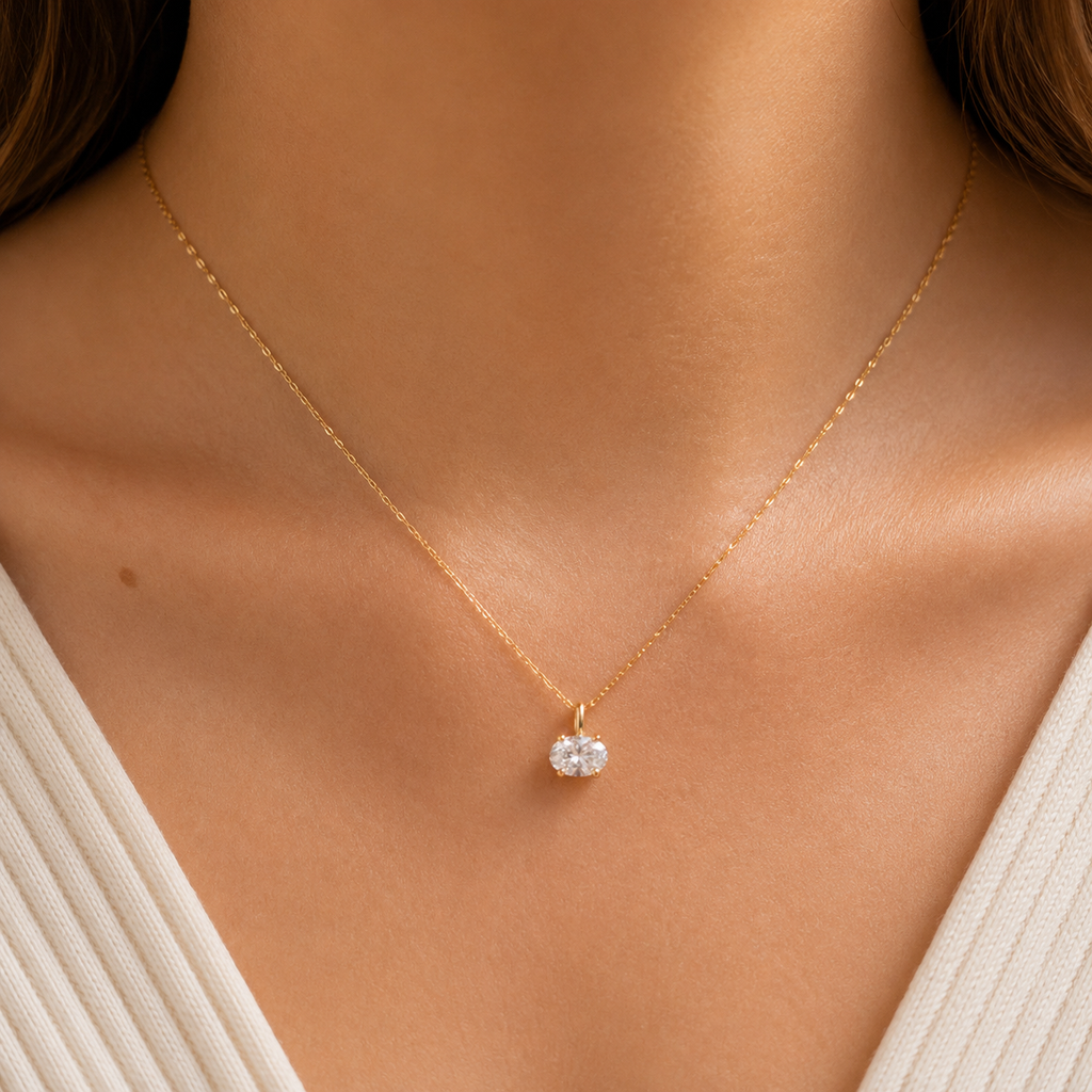 A close-up of a model's neck and chest wearing a delicate gold chain necklace with a small clear gemstone pendant.