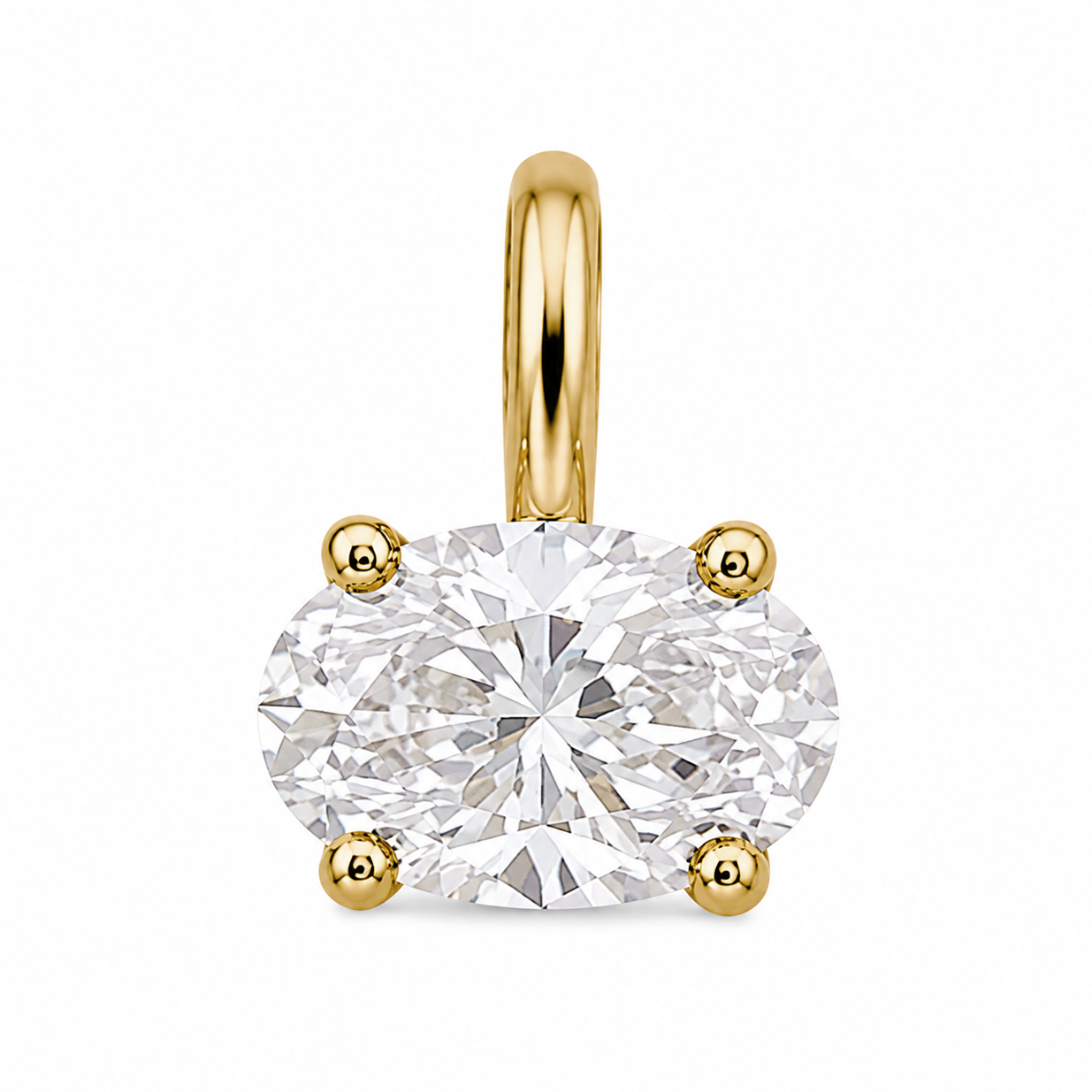 An oval-cut diamond solitaire pendant in a yellow gold four-prong setting with a matching gold bail, shown on a solid white background.