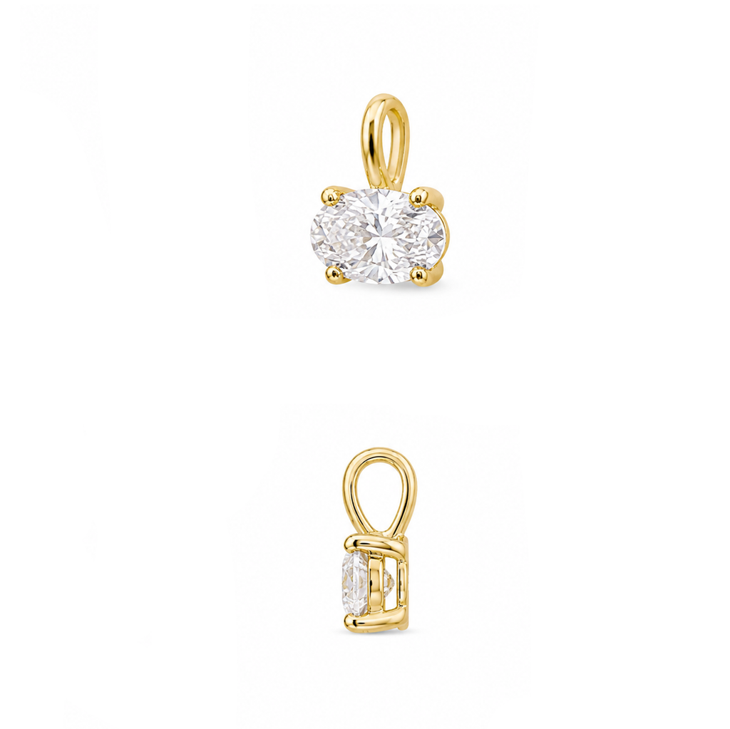 Two views of a yellow gold solitaire pendant with a round brilliant-cut diamond on a plain white background.