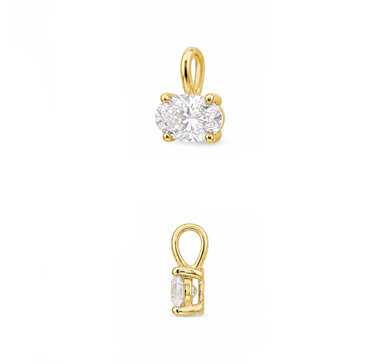 Two views of a yellow gold solitaire pendant with a round brilliant-cut diamond on a plain white background.